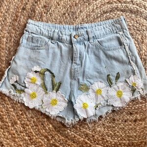 Daisy Embroidered Denim Jean Shorts